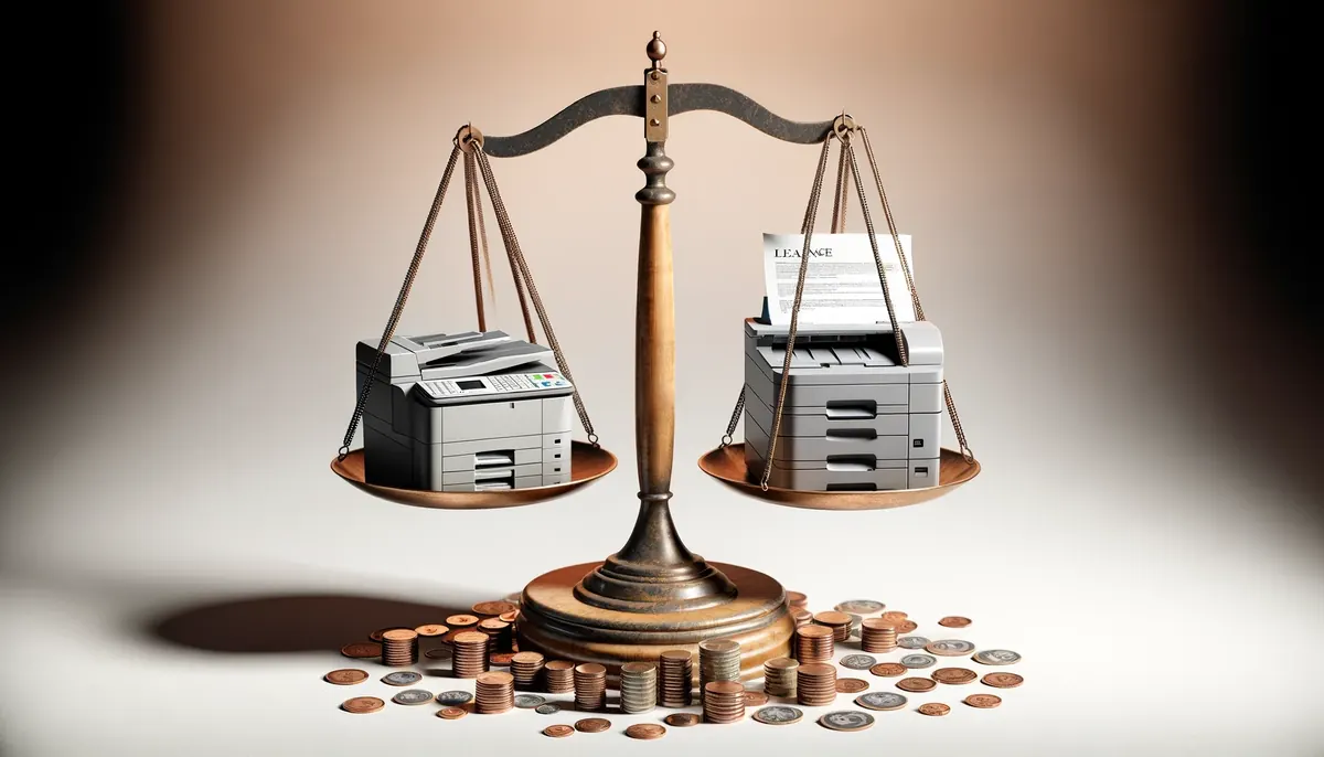 Balance scale weighing a copier against a lease agreement, with stacks of coins at its base
