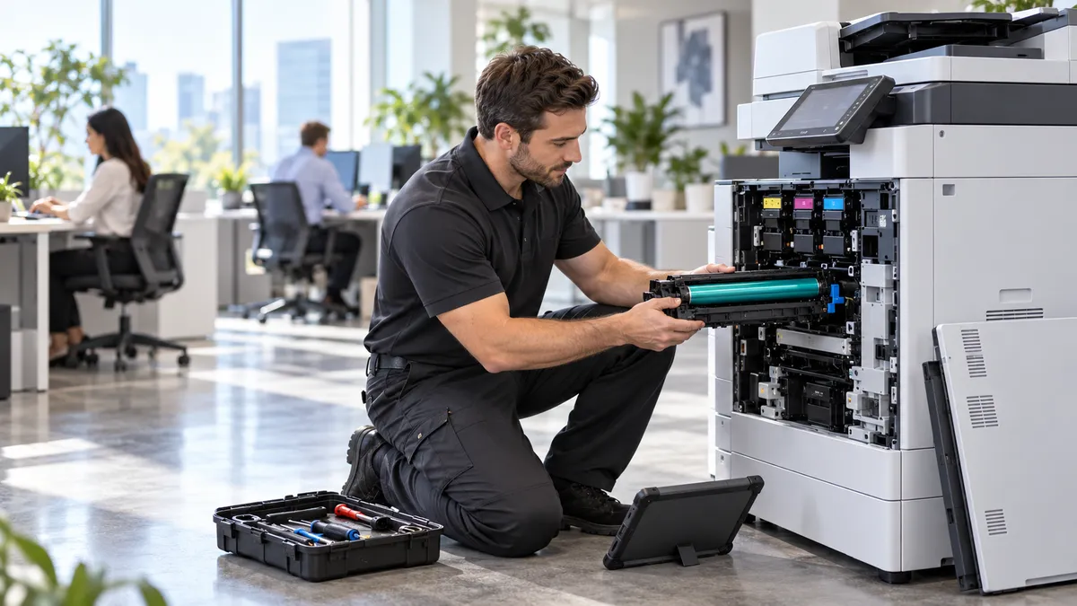 JR Copier technician kneeling beside an open color copier, replacing a drum unit in a busy office