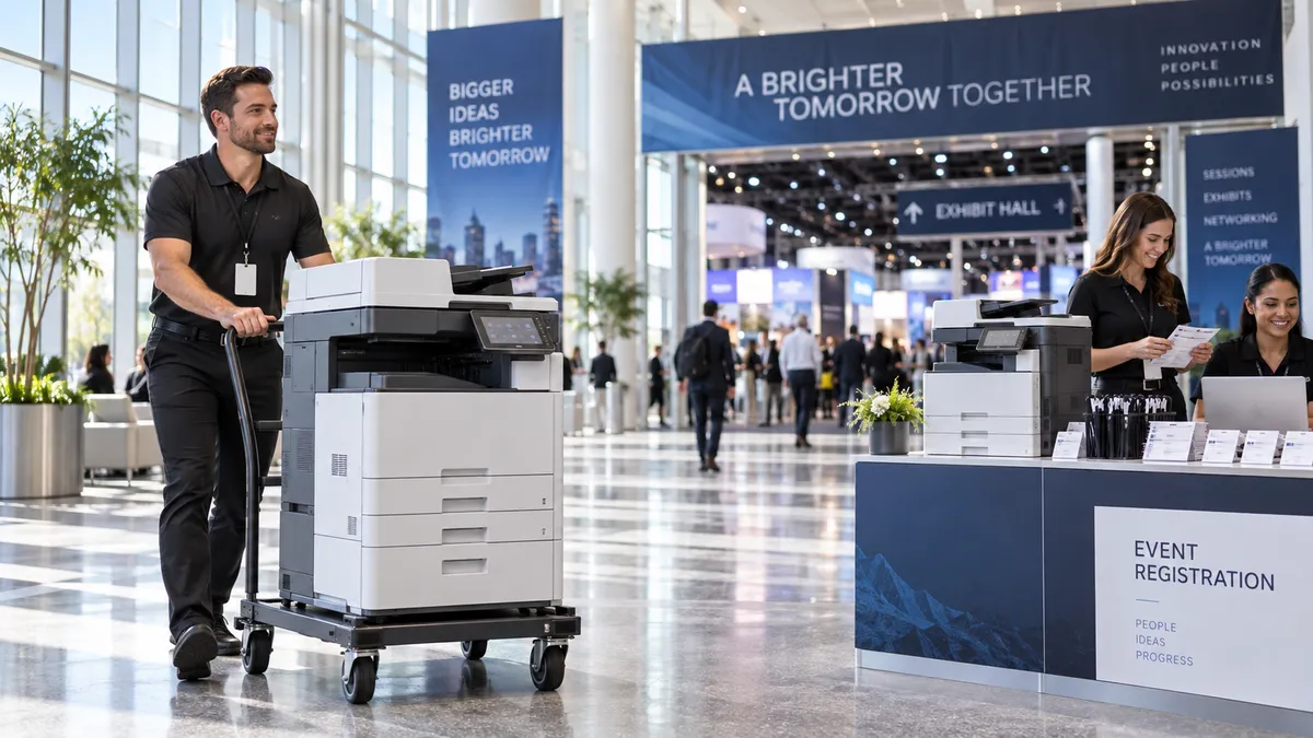 JR Copier technician wheeling a rental multifunction copier into a convention center lobby beside an event registration desk